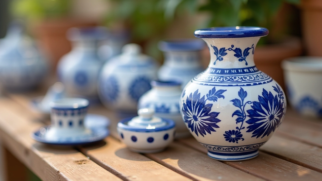 Close-up of artisan pottery pieces showing traditional glazing techniques and hand-painted Portuguese patterns