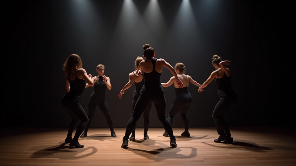 Contemporary dance performers mid-movement during modern dance performance