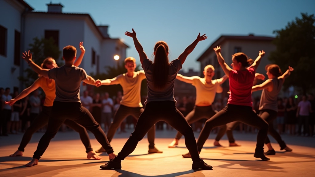 Group of dancers in synchronized formation, mid-performance with dramatic lighting and urban architectural background visible