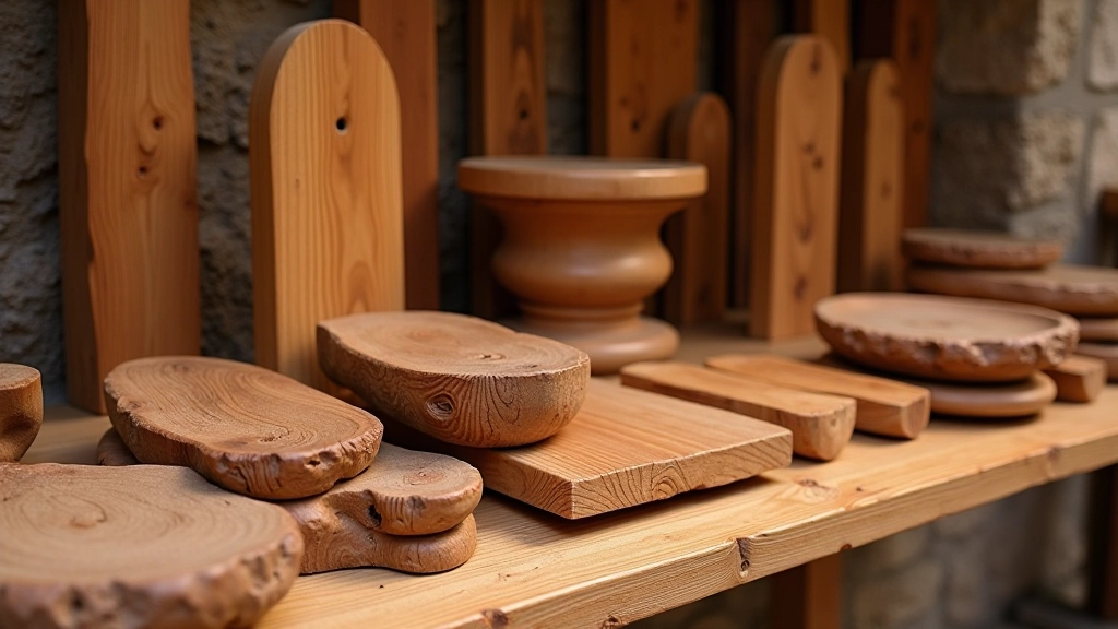 Wooden furniture display showing hand-carved details and traditional joinery techniques in medieval market setting