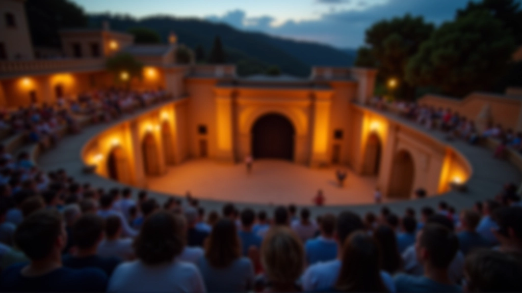 Outdoor amphitheater stage with warm lighting during evening performance in Portugal