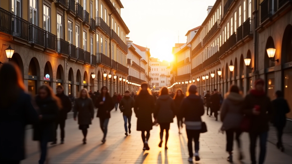 Evening view of Ribeira plaza with historic stone buildings lit by golden hour light