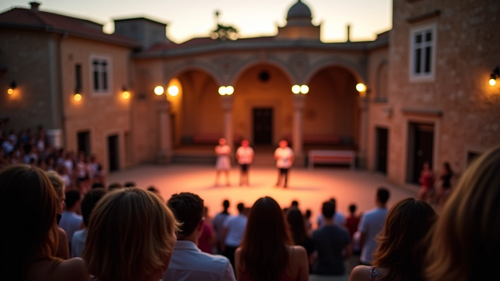 Outdoor amphitheater during summer theatre festival with performers on stage