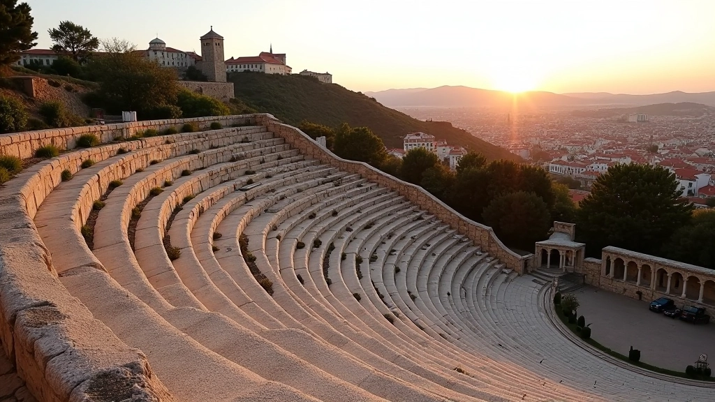 Outdoor theatre setting at dusk with stone amphitheater seating and historic town architecture visible beyond