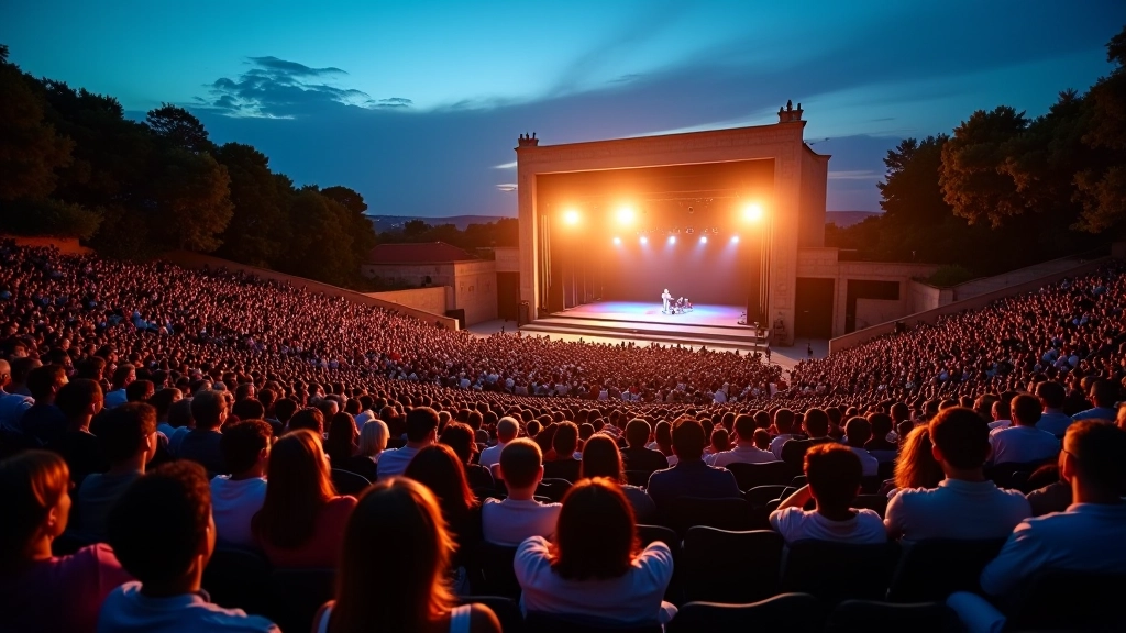 Audience members seated in outdoor amphitheater with stage lights illuminating evening performance