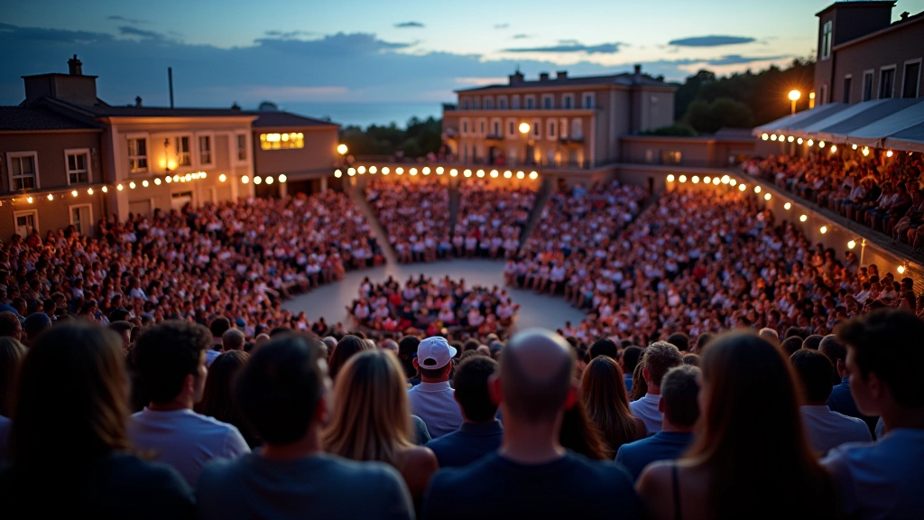 Outdoor amphitheater venue with spectators seated under evening sky, soft warm lighting illuminating the performance space