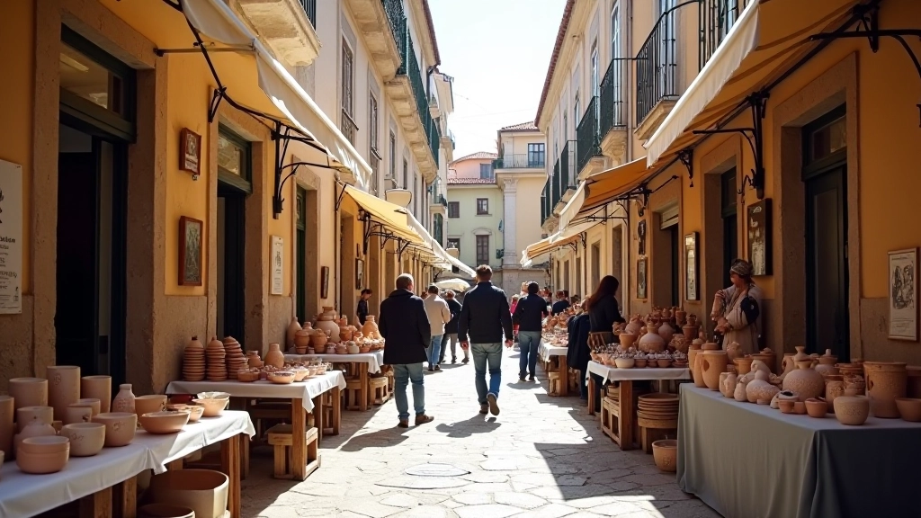 Outdoor market stalls with handcrafted pottery, textiles, and artisan goods displayed, historic stone buildings in background
