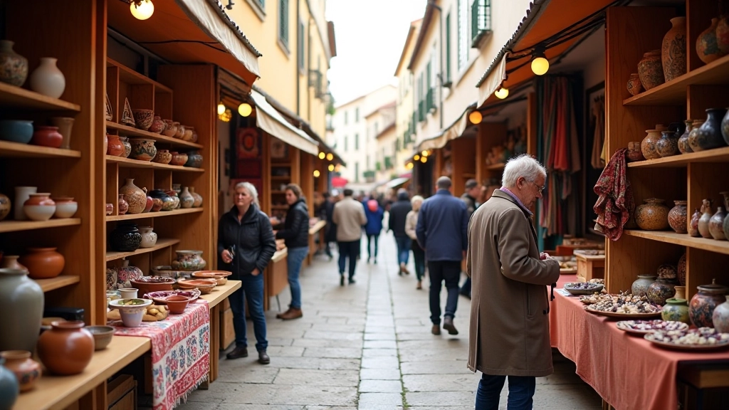 Artisan market stalls with handcrafted pottery and textiles on display