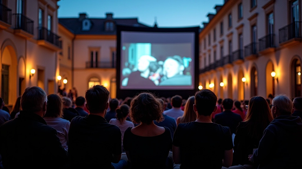 Outdoor cinema screen at night with audience seated in plaza watching film