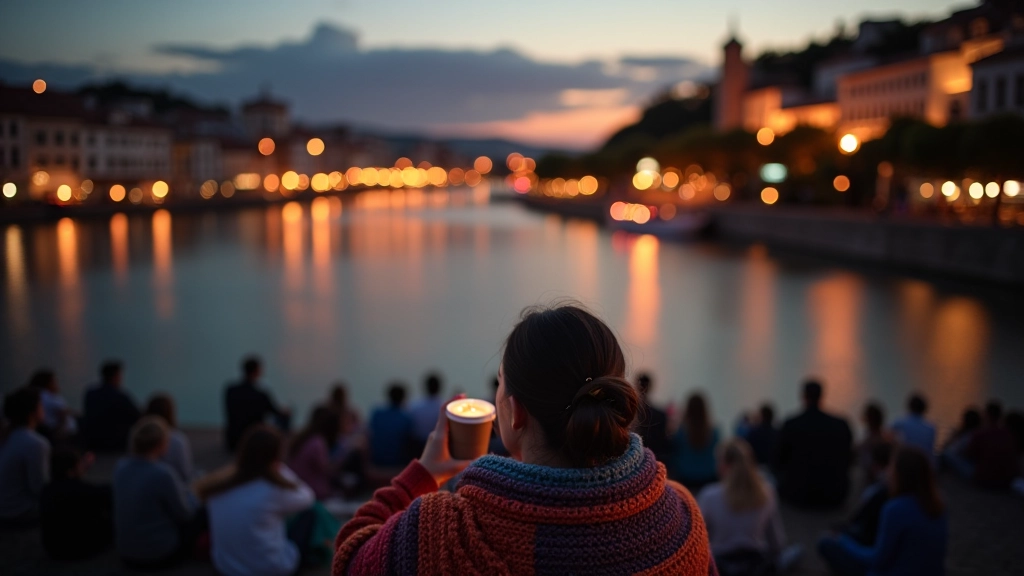 Person wrapped in colorful blanket sitting outdoors watching evening film with cup of hot beverage