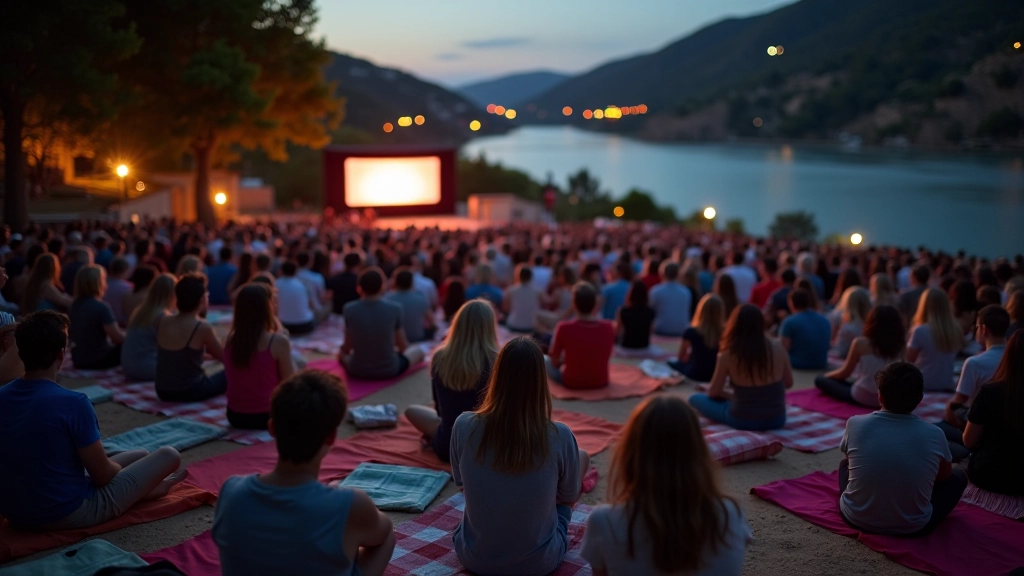 Overhead view of cinema audience seated in rows with colorful blankets and cushions on the plaza ground
