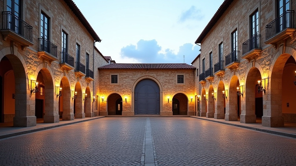 Traditional Portuguese architecture with cultural plaza and evening lighting