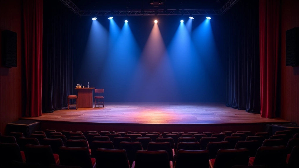 Theatre stage with dramatic lighting setup, wooden stage floor, and stage props arranged for classical performance