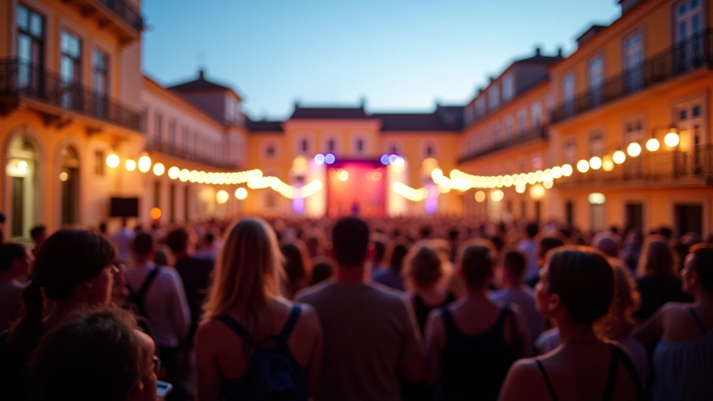 Outdoor cultural festival with performers and audience gathered in historic plaza